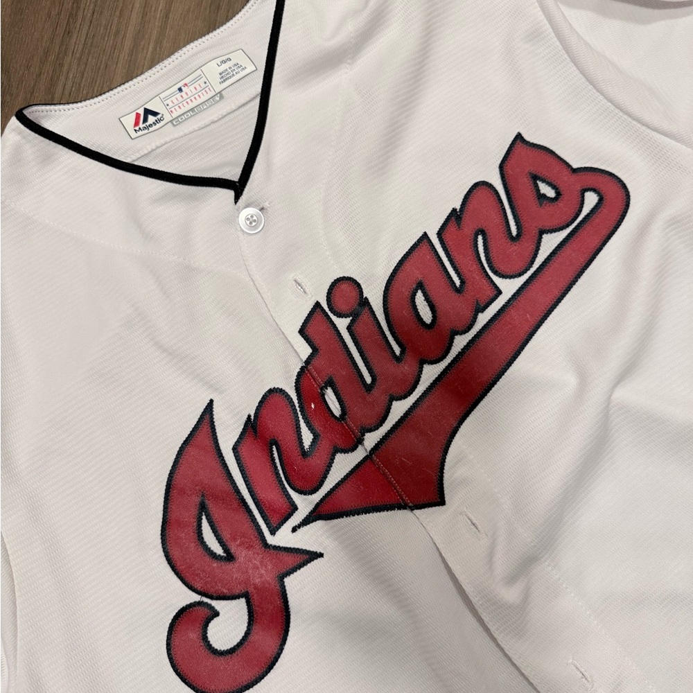 Majestic White Jersey with Red Script Indians - Picture 2 of 6